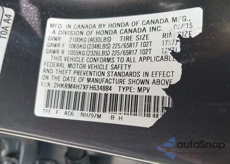 2015 Honda Cr-V Ex-L from USA, damaged, VIN 2HKRM4H7XFH634884